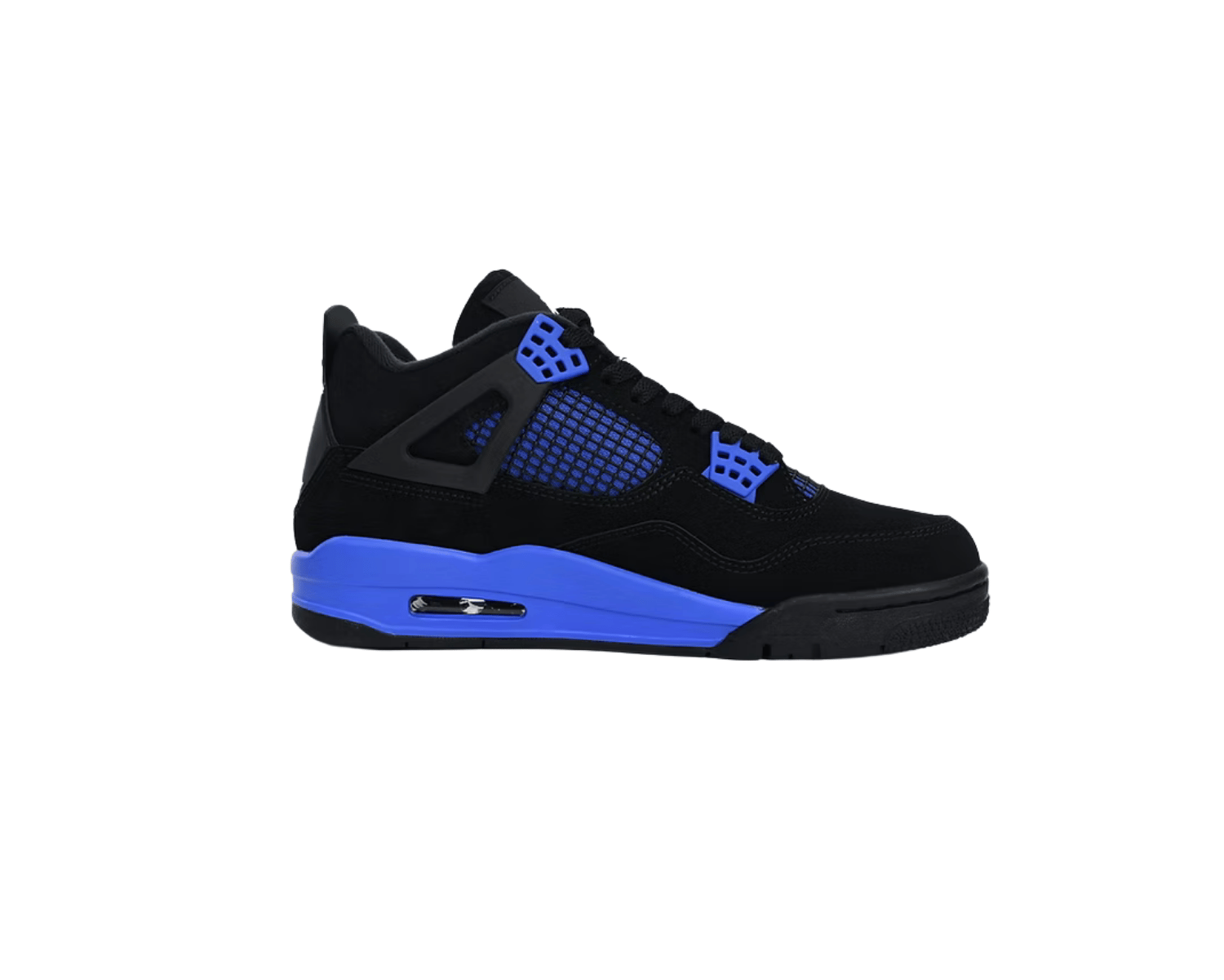 Jordan 4 Blue Thunder replica sneaker featuring black suede upper and vibrant electric blue detailing.
