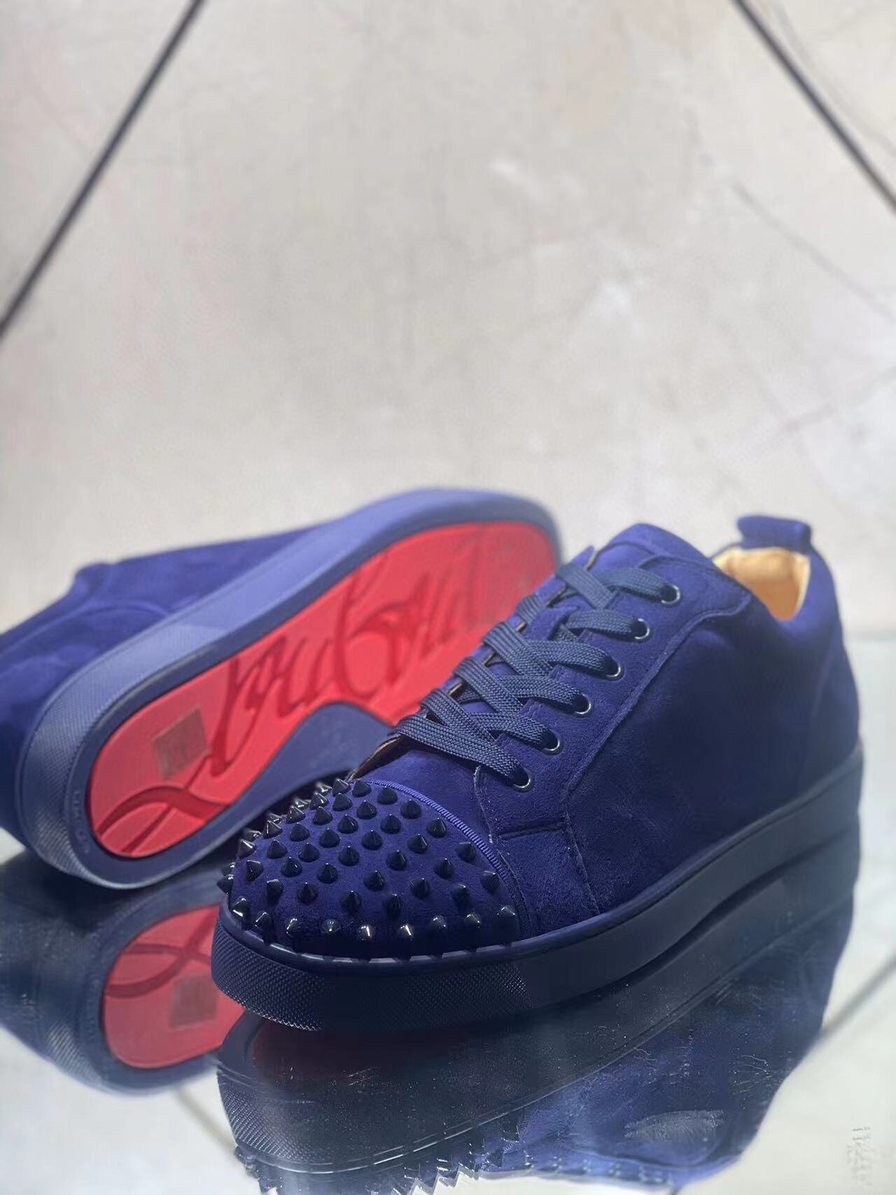 Christian Louboutin Louis Junior Spikes Flat Suede Sneakers Blue - Image 2