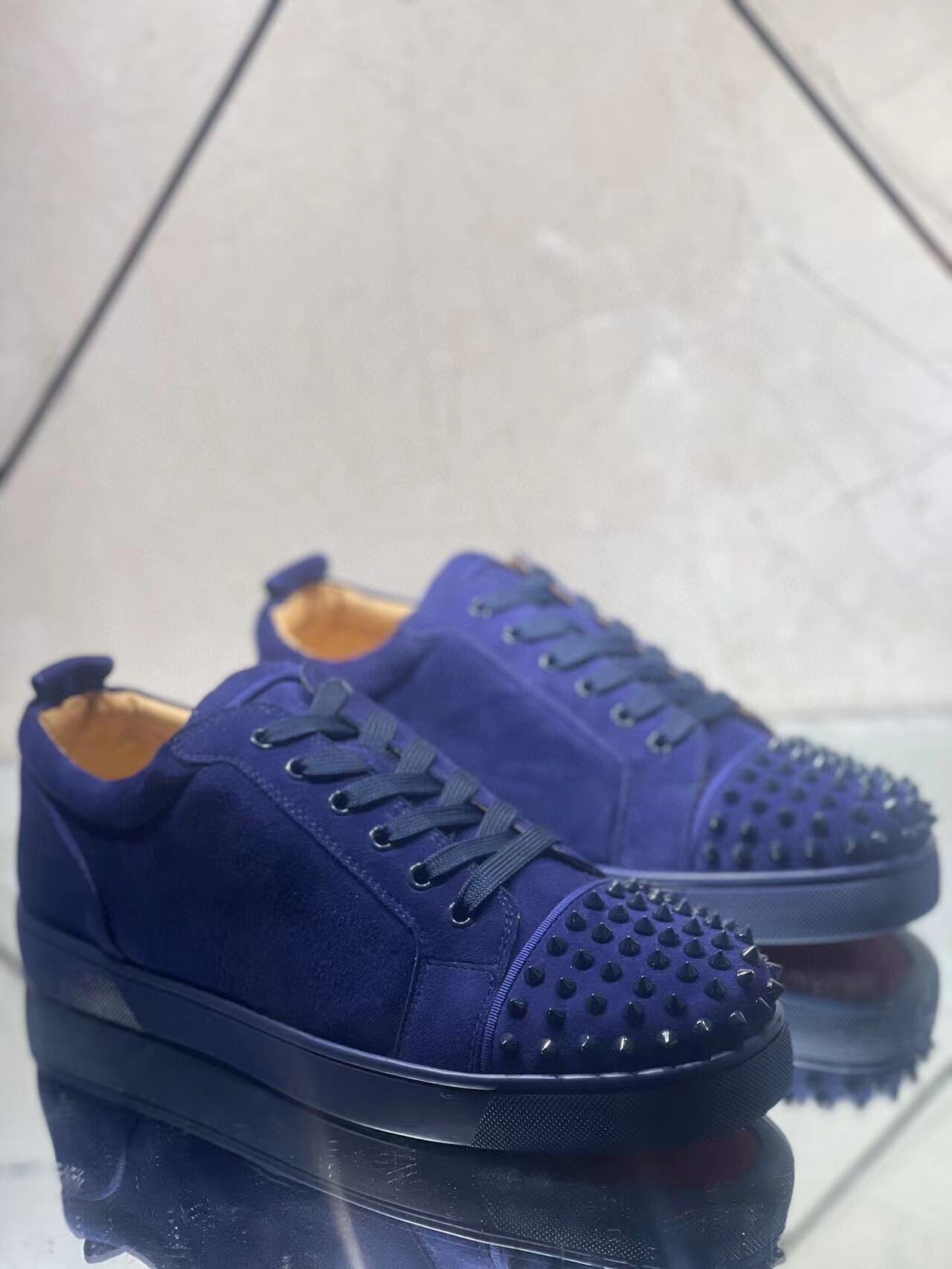 Christian Louboutin Louis Junior Spikes Flat Suede Sneakers Blue - Image 3