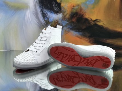 Christian Louboutin White Embossed "LoubinTheSky" Leather Lou Spikes 2 High-Top Sneakers - Image 3