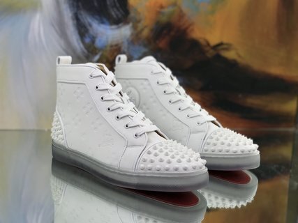Christian Louboutin White Embossed "LoubinTheSky" Leather Lou Spikes 2 High-Top Sneakers - Image 2