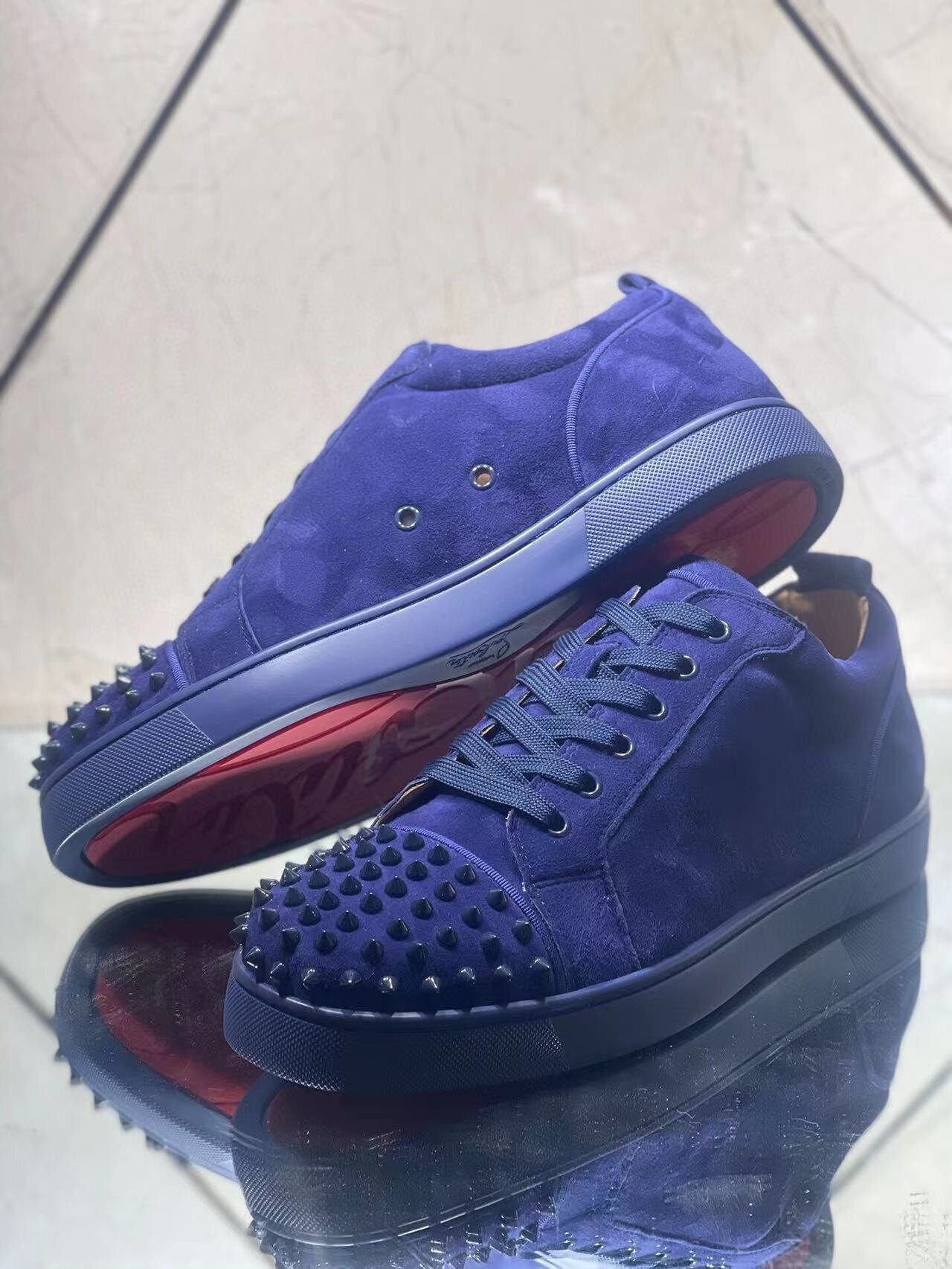 Christian Louboutin Louis Junior Spikes Flat Suede Sneakers Blue - Image 4