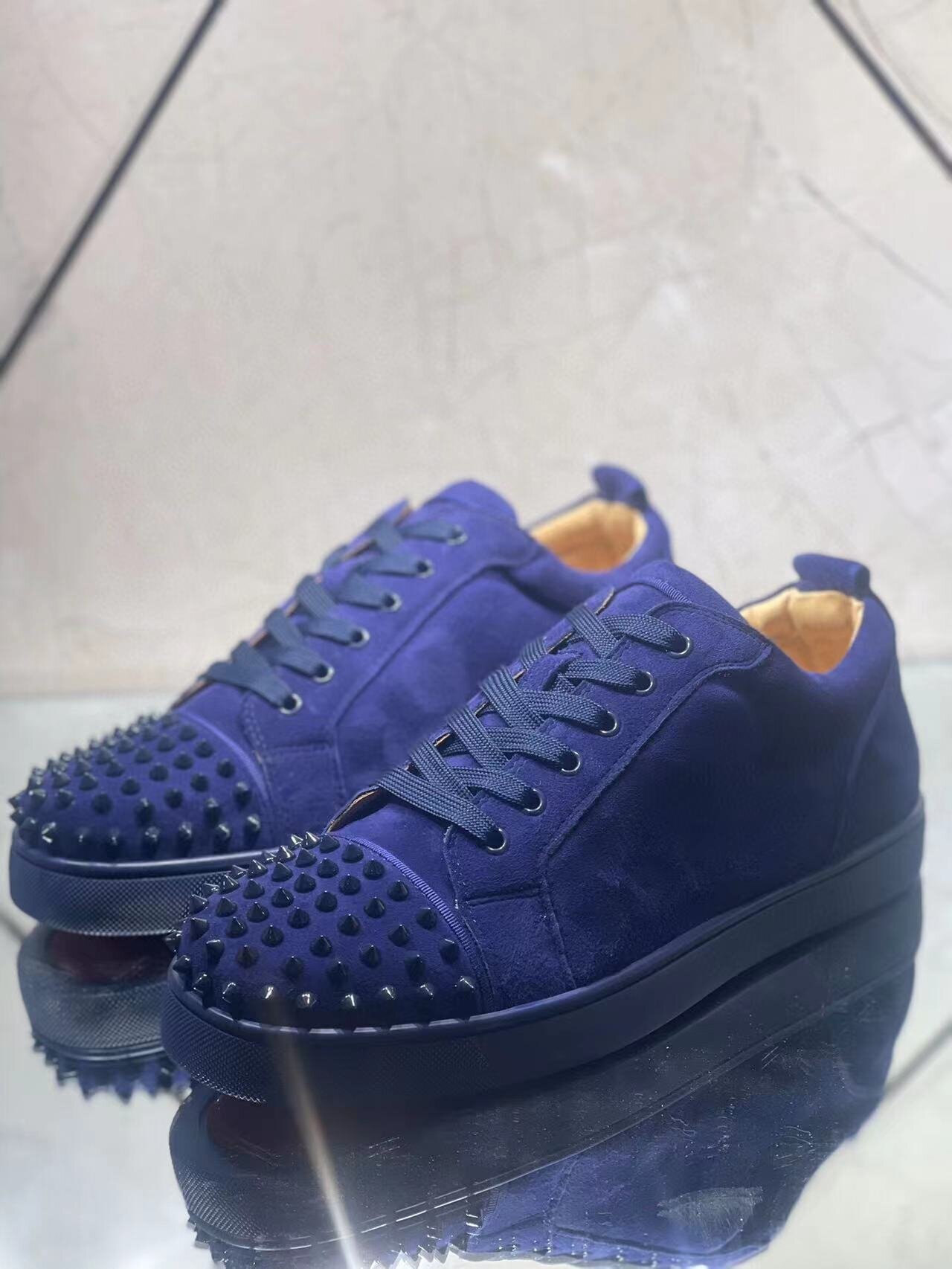 Christian Louboutin Louis Junior Spikes Flat Suede Sneakers Blue - Image 7