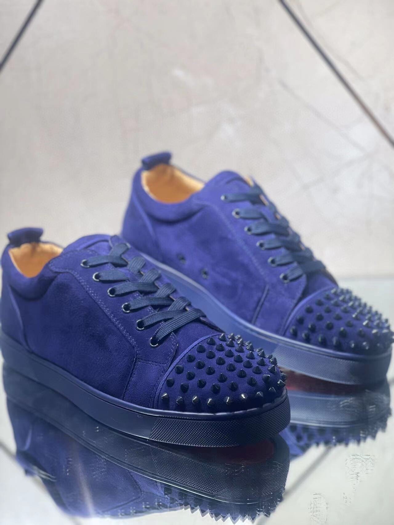 Christian Louboutin Louis Junior Spikes Flat Suede Sneakers Blue - Image 5