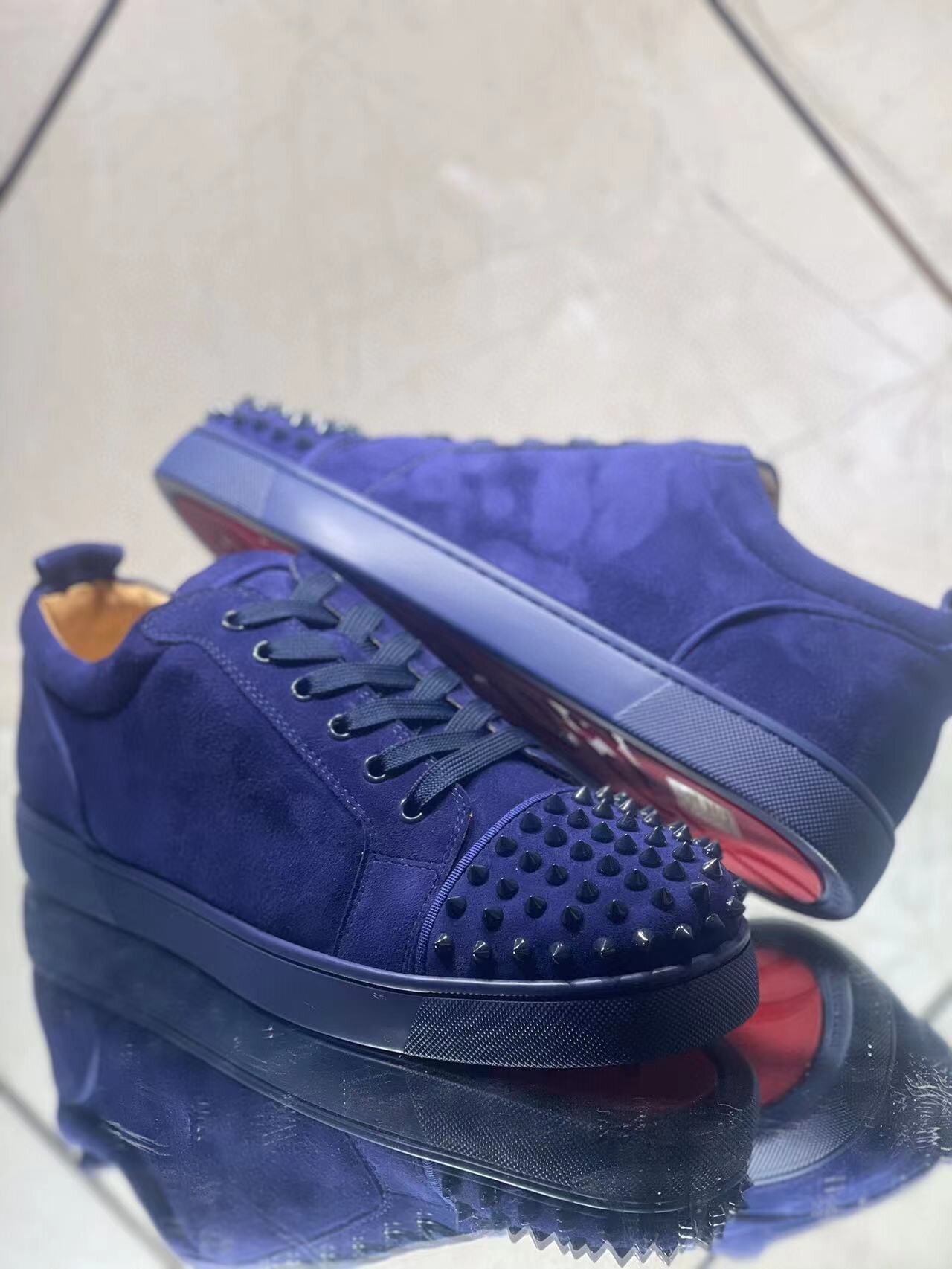 Christian Louboutin Louis Junior Spikes Flat Suede Sneakers Blue - Image 6