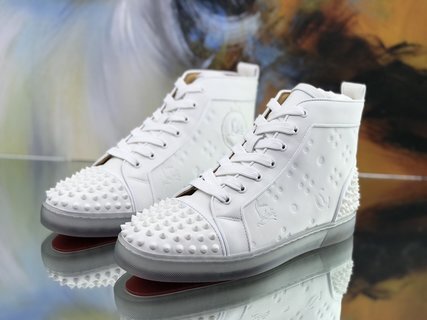 Christian Louboutin White Embossed "LoubinTheSky" Leather Lou Spikes 2 High-Top Sneakers - Image 5