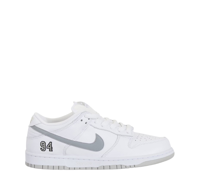 SB Dunk Low Supreme 94 White Metallic Silver
